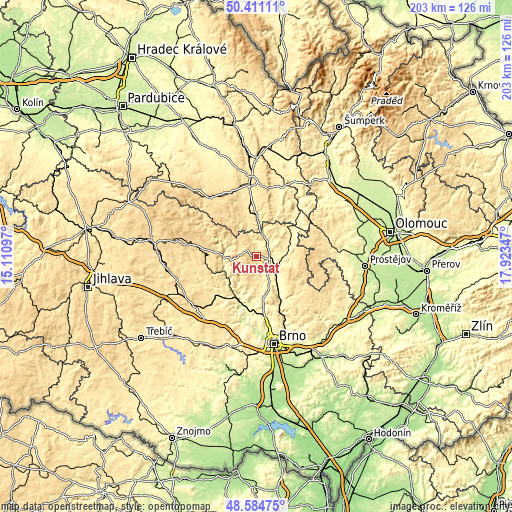 Topographic map of Kunštát