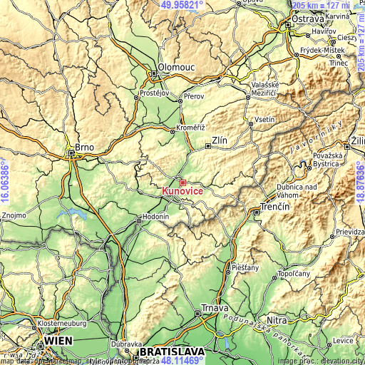 Topographic map of Kunovice