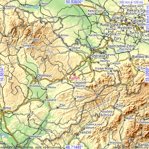 Topographic map of Kunín