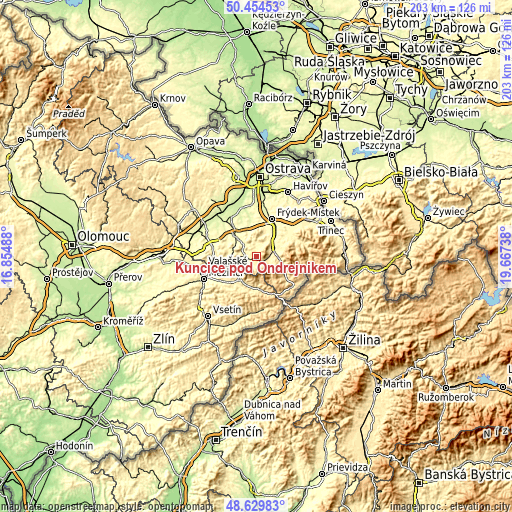 Topographic map of Kunčice pod Ondřejníkem