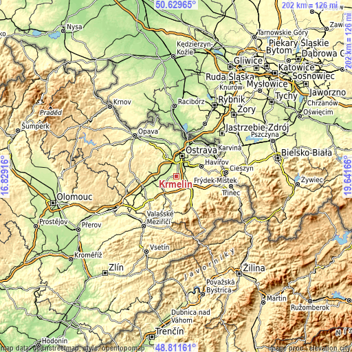 Topographic map of Krmelín