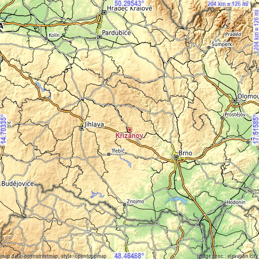 Topographic map of Křižanov