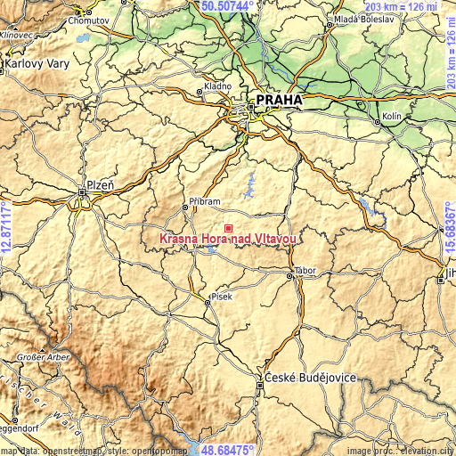 Topographic map of Krásná Hora nad Vltavou