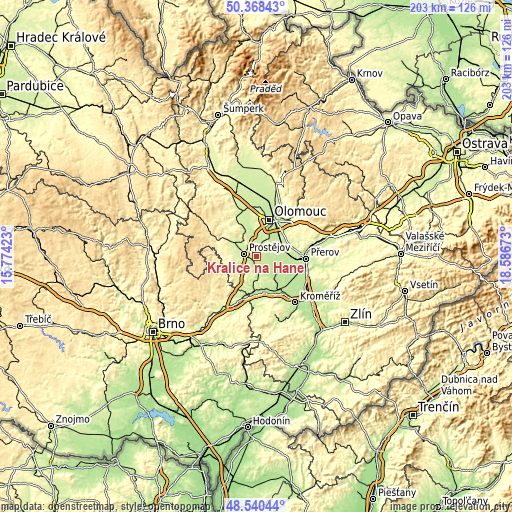 Topographic map of Kralice na Hané