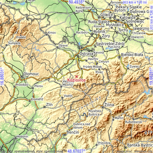 Topographic map of Kozlovice