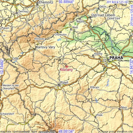 Topographic map of Kožlany