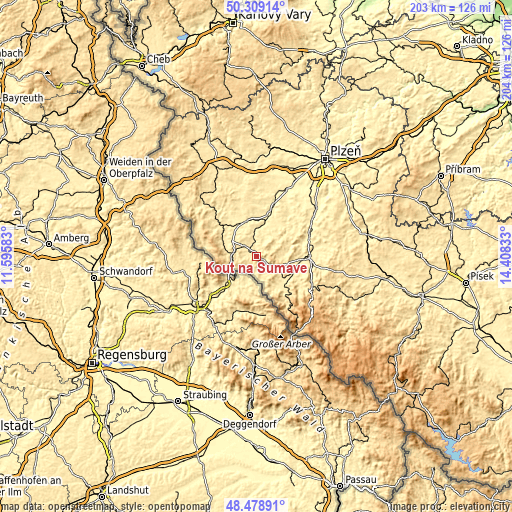 Topographic map of Kout na Šumavě