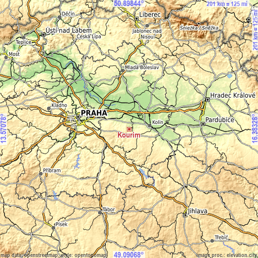 Topographic map of Kouřim