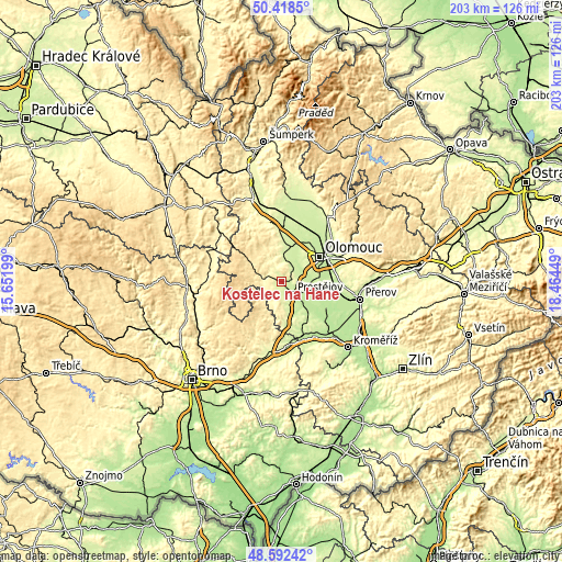Topographic map of Kostelec na Hané