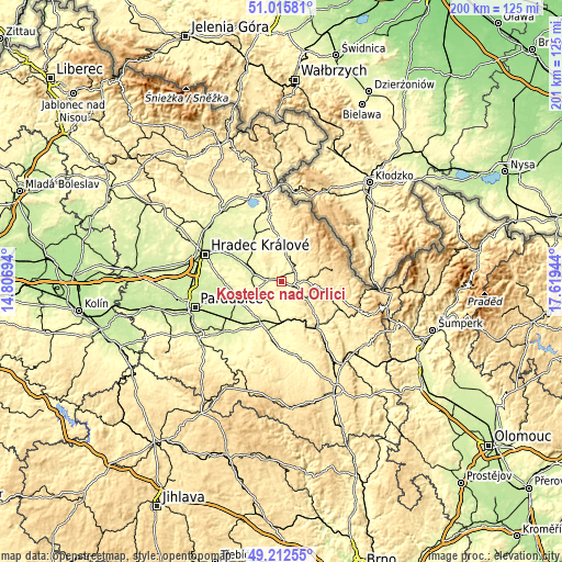 Topographic map of Kostelec nad Orlicí