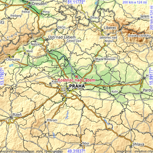 Topographic map of Kostelec nad Labem