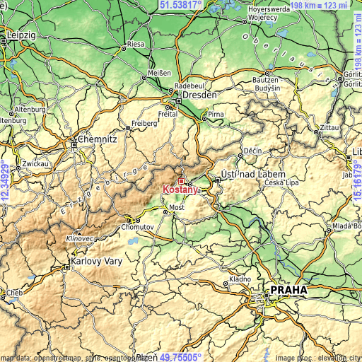 Topographic map of Košťany