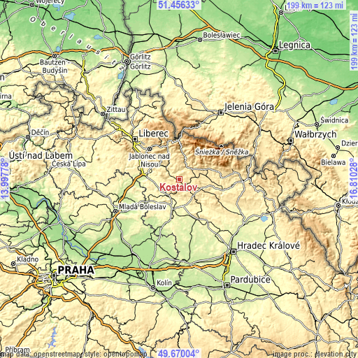 Topographic map of Košťálov
