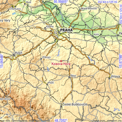 Topographic map of Kosova Hora