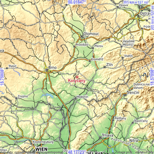Topographic map of Koryčany