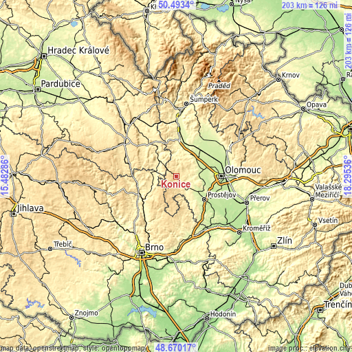 Topographic map of Konice