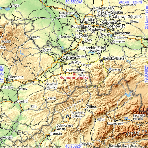 Topographic map of Komorní Lhotka