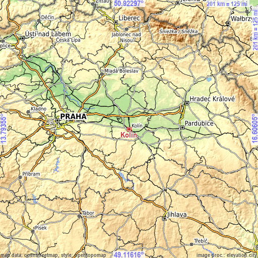 Topographic map of Kolín