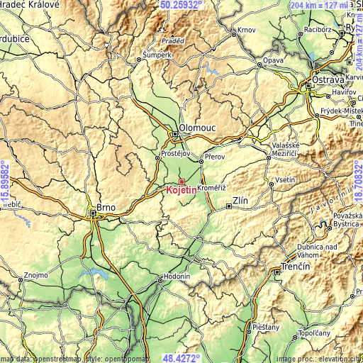 Topographic map of Kojetín