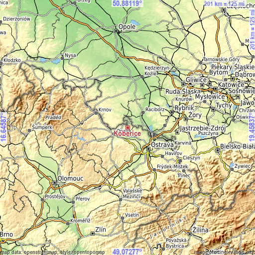 Topographic map of Kobeřice