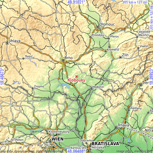 Topographic map of Klobouky