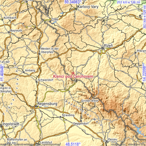 Topographic map of Klenčí pod Čerchovem