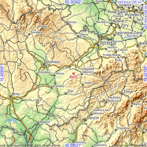 Topographic map of Kelč