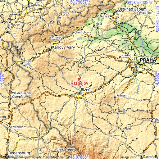 Topographic map of Kaznějov