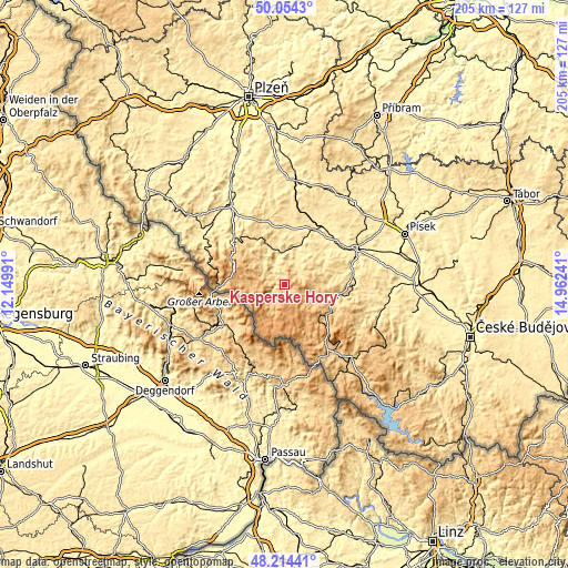 Topographic map of Kašperské Hory