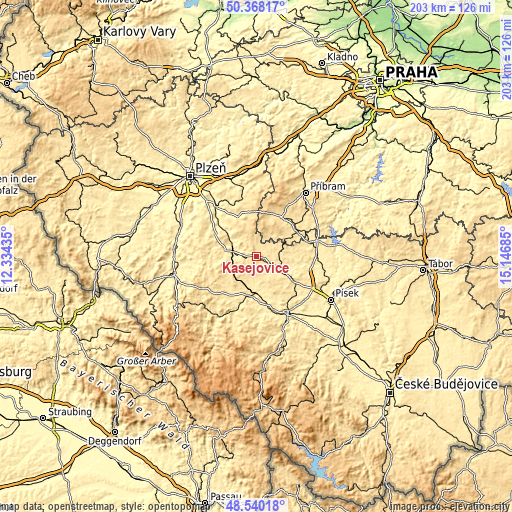 Topographic map of Kasejovice