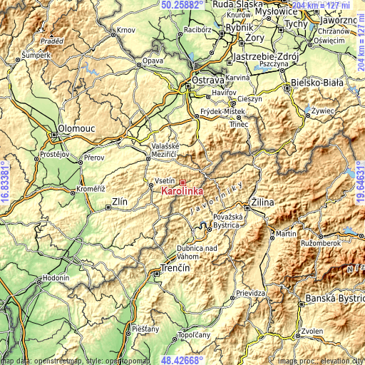 Topographic map of Karolinka