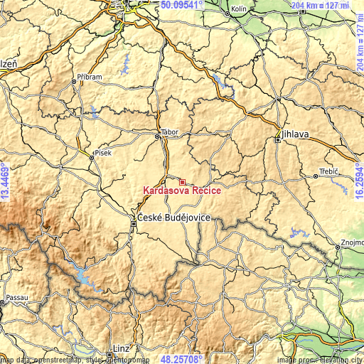 Topographic map of Kardašova Řečice