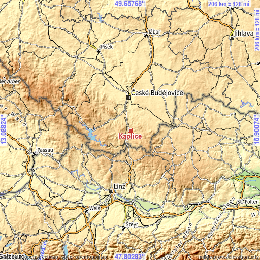Topographic map of Kaplice