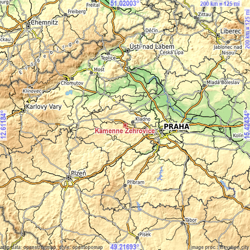 Topographic map of Kamenné Žehrovice
