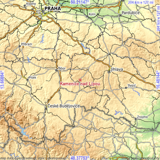 Topographic map of Kamenice nad Lipou