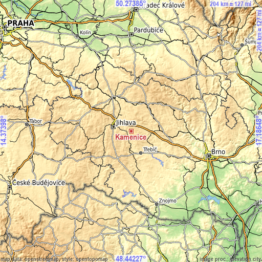 Topographic map of Kamenice