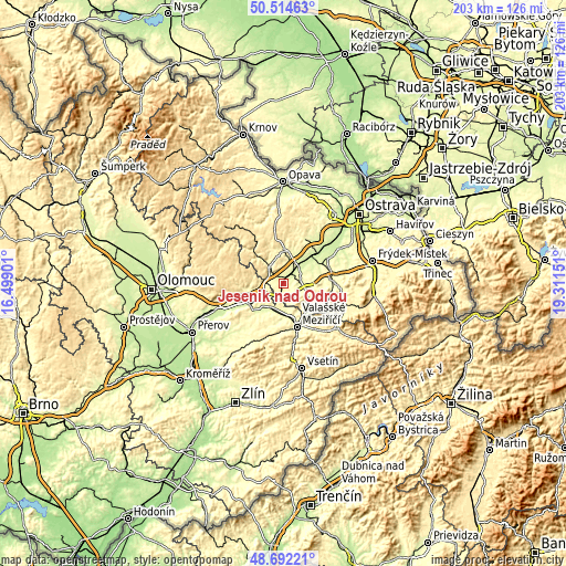 Topographic map of Jeseník nad Odrou