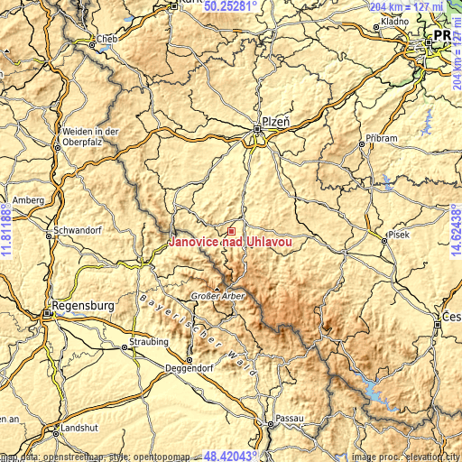 Topographic map of Janovice nad Úhlavou