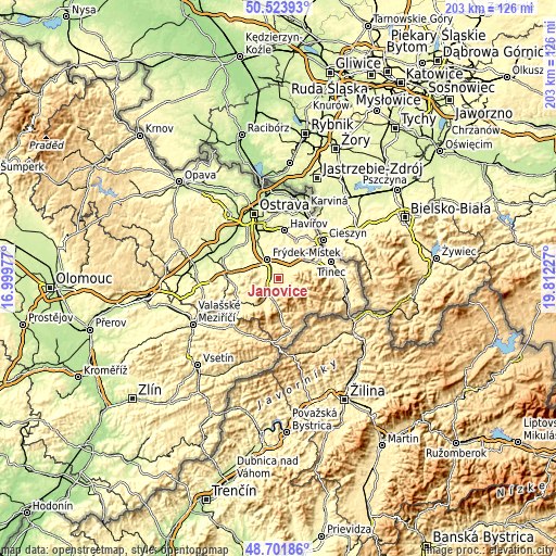 Topographic map of Janovice