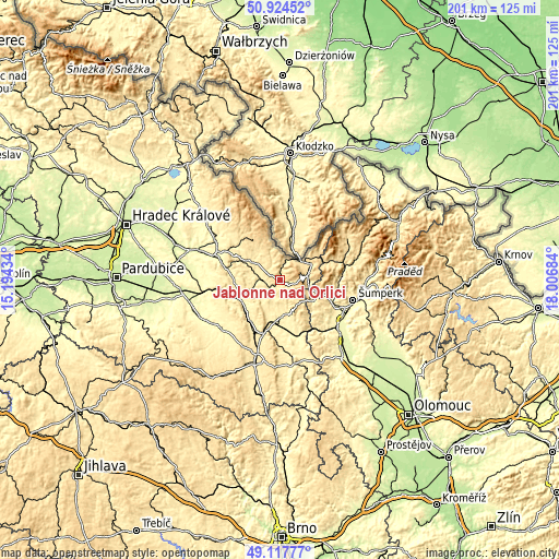 Topographic map of Jablonné nad Orlicí