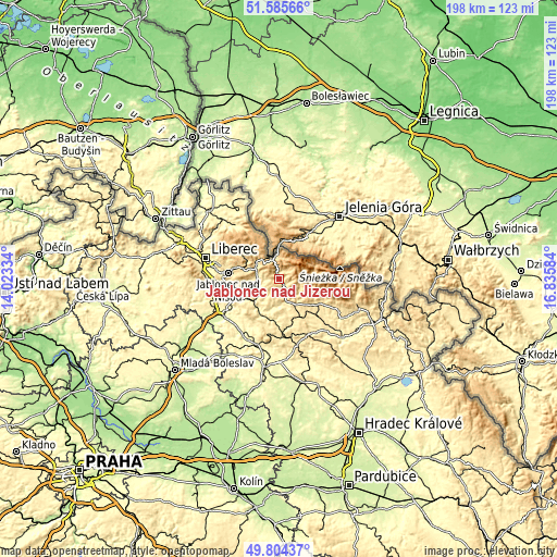 Topographic map of Jablonec nad Jizerou