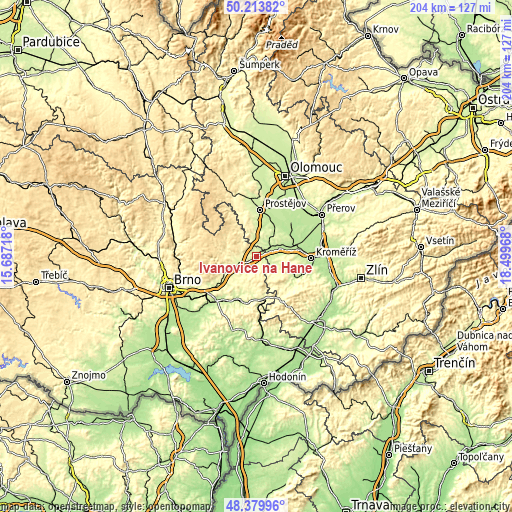Topographic map of Ivanovice na Hané