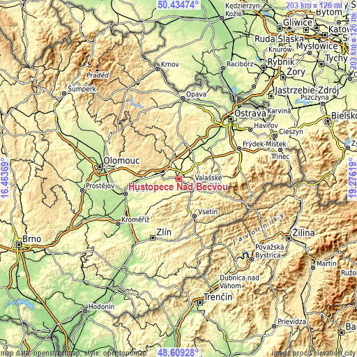Topographic map of Hustopeče Nad Bečvou