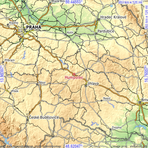 Topographic map of Humpolec