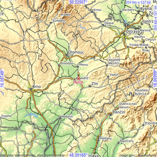 Topographic map of Hulín