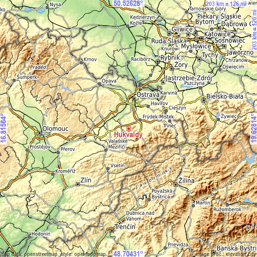 Topographic map of Hukvaldy