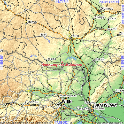 Topographic map of Hrušovany nad Jevišovkou