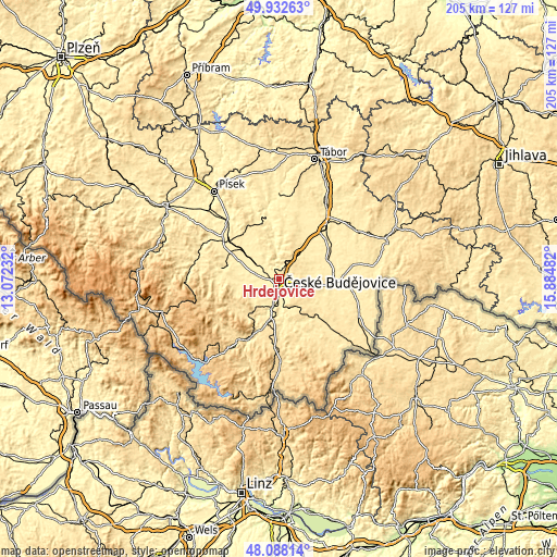 Topographic map of Hrdějovice
