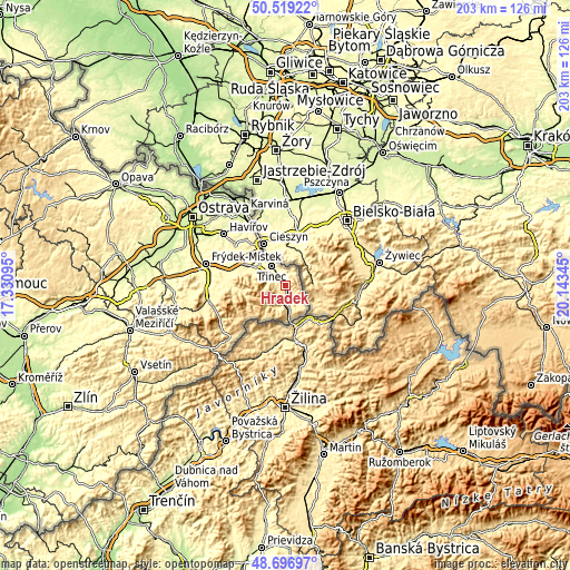 Topographic map of Hrádek