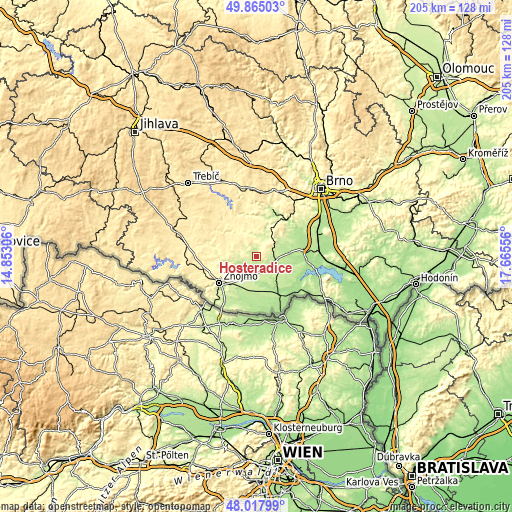 Topographic map of Hostěradice
